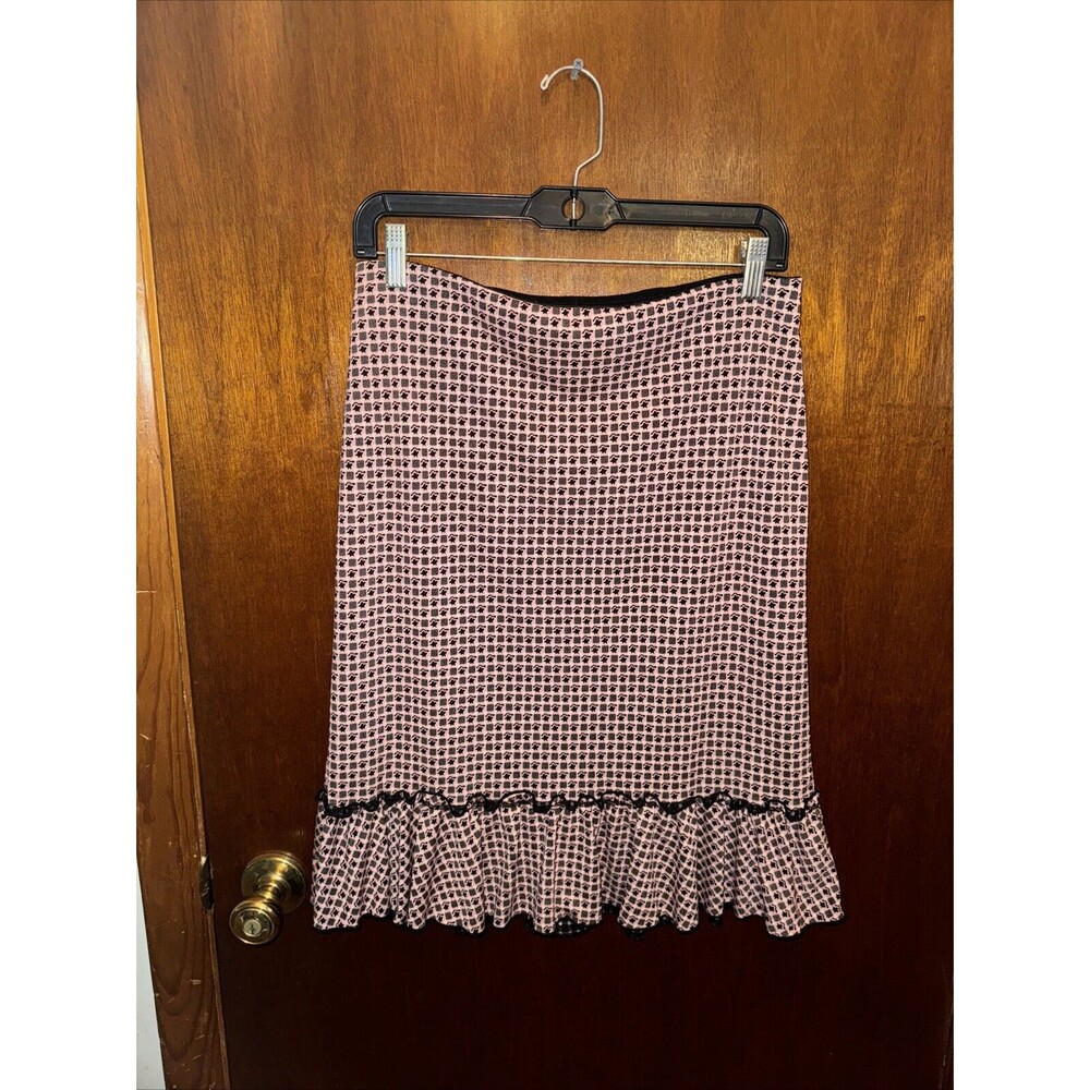Vtg Max Studio Womens Pink And Black Star Printed Ruffle Skirt Size Medium